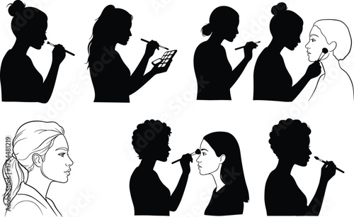 PrintSilhouette women applying makeup with cosmetic brush, beauty routine, fashion illustration, face care, professional artist, skincare style, glamour look vector