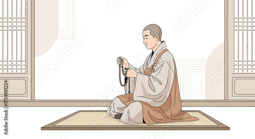 Illustration depicting a serene buddhist monk meditating with prayer beads in a temple setting