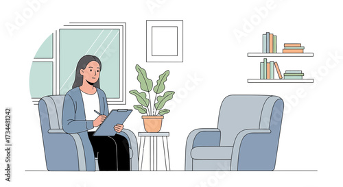 Illustration depicting a therapist in session taking notes in a serene counseling room