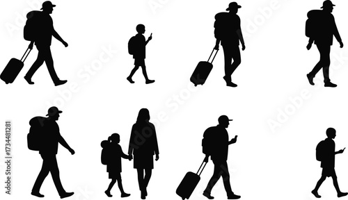 PrintSilhouettes of travelers with luggage, family walking together, child using smartphone, people traveling with backpacks, airport passengers, tourist journey, vacation trip