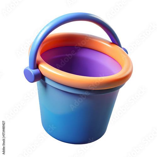 Small blue plastic bucket with orange rim and purple interior