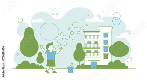 Illustration of a boy blowing soap bubbles in a serene urban park scene with apartments