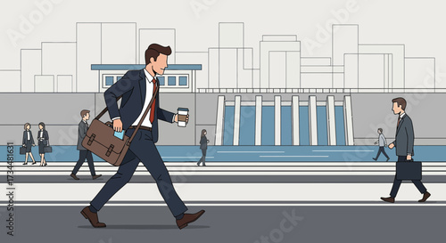 Illustration of a businessman in suit walking to work with coffee in city landscape
