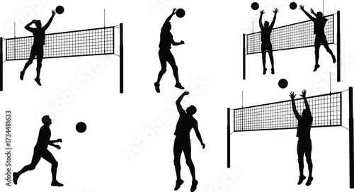 PrintVolleyball player silhouette spiking, blocking ball over net, jumping athlete action, competitive sports training, teamwork game posture, fitness vector illustration design