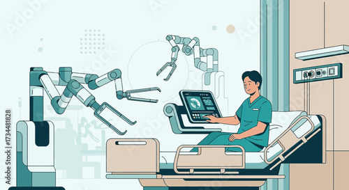 Illustration of a doctor operating robotic arms in a modern hospital room  demonstrating advanced