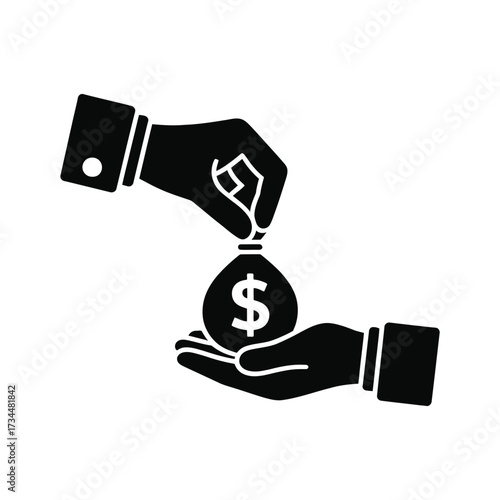 Hands exchanging a money bag with a dollar sign