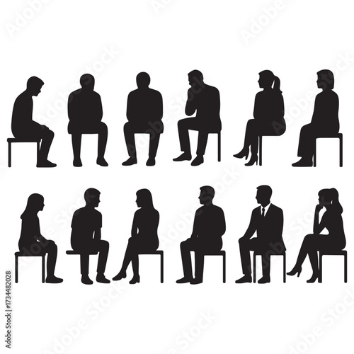 men and 
women and teenagers sitting on bench or chair business group in profile view