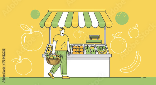 Illustration of a man buying fresh fruits at a market stall filled with vibrant produce
