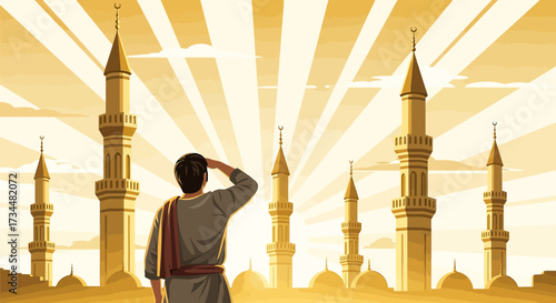 Illustration of a man contemplating the holy city of Mecca with golden light