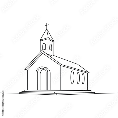 Simple line drawing of a small church building with a steeple