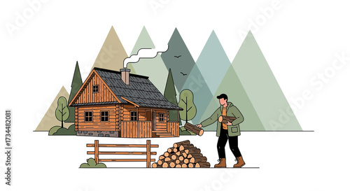 Illustration of a man gathering firewood near a cozy log cabin in a mountain landscape shows