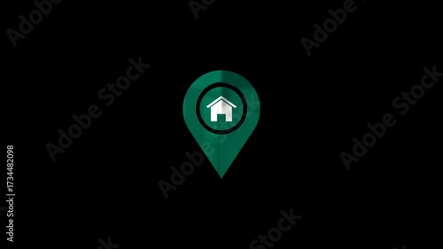house location 3d pin icon animation on transparent, green color pin with white house icon