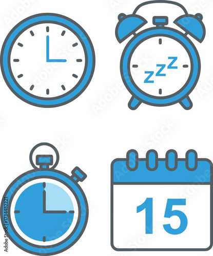 Time Management Icons: Clock, Alarm, Stopwatch, and Calendar Date Stock Vector Set
