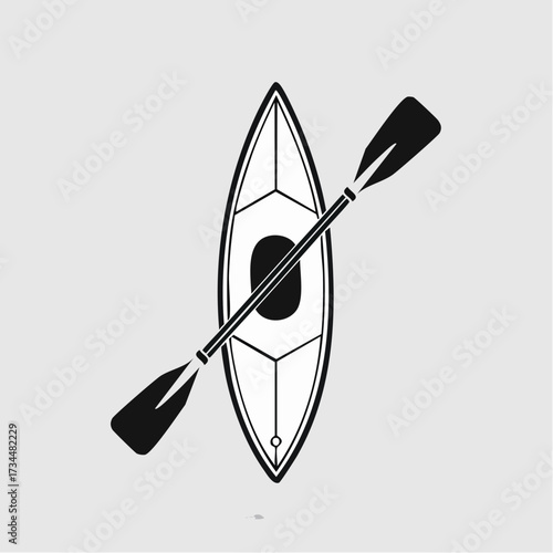 Minimalist black and white vector illustration of a kayak with a paddle, a graphic flag for aquatic sports and recreational activities