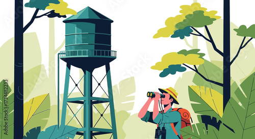 Illustration of a man with binoculars in a lush forest with a water tower observing nature