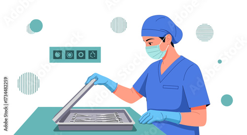 Illustration of a medical professional preparing sterile surgical instruments for an operation