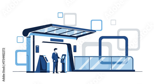 Illustration of a modern automated service station with self-service kiosks and a professional