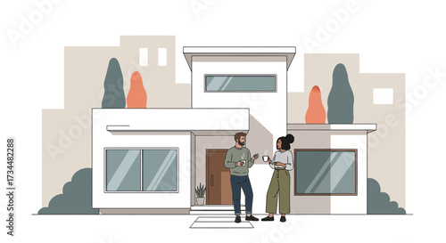 Illustration of a modern house with a couple drinking coffee and discussing life's moments