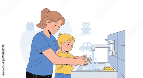 Illustration of a mother assisting her child in washing their hands at the sink promoting hygiene
