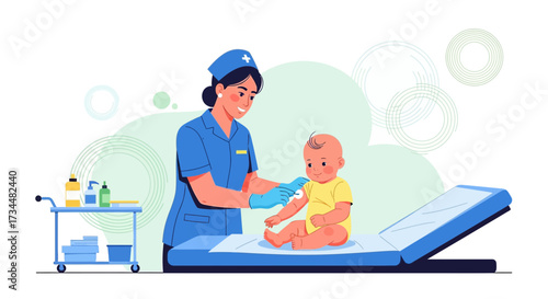 Illustration of a nurse vaccinating a baby in a medical setting showing pediatric care