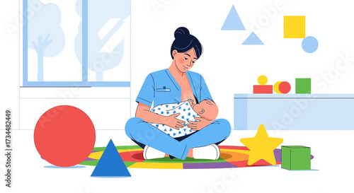 Illustration of a nursing mother wearing medical scrubs in a colorful playful environment
