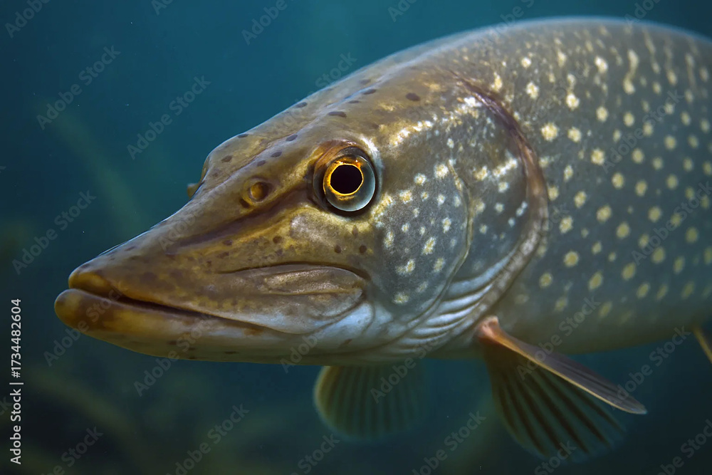 Fototapeta premium Closeup view of a pike fish swimming underwater with spotted body.