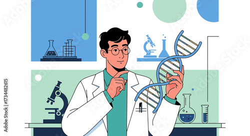 Illustration of a scientist analyzing a DNA structure in a laboratory setting with scientific
