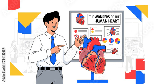 Illustration of a presenter explaining the wonders of the human heart anatomy lesson