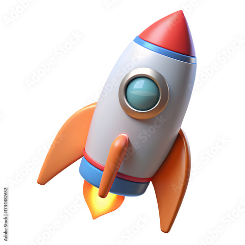 Cartoon rocket ship launching with orange fins and blue window