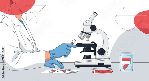 Illustration of a scientist examining blood samples under a microscope in a lab setting featuring