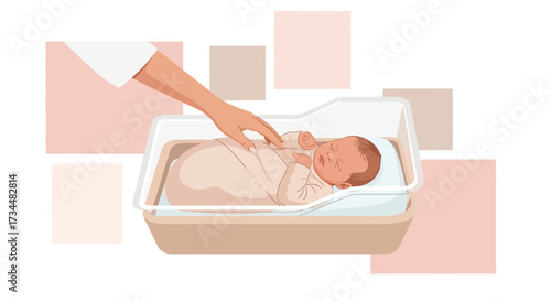 Illustration of a sleeping newborn baby in a bassinet with a gentle hand touching gently creating