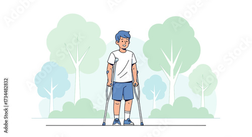 Illustration of a smiling young man using crutches in a park setting promoting recovery and mobility