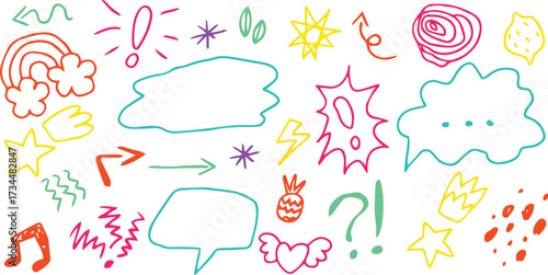Sketch icons hand drawn, children draw style, grunge style icon set. Exclamation mark, rainbow arc, speech bubble, yellow comet, lightning bolt, lemon fruit. Painted with multi-colored brushes 