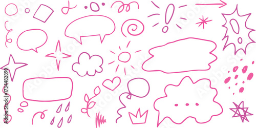 Sketch icons hand drawn, children draw style, grunge style icon set. Chat bubble, puff, air balloon, love heart, celestial star, daylight sun. Painted with pink and purple grunge curves using a brush.