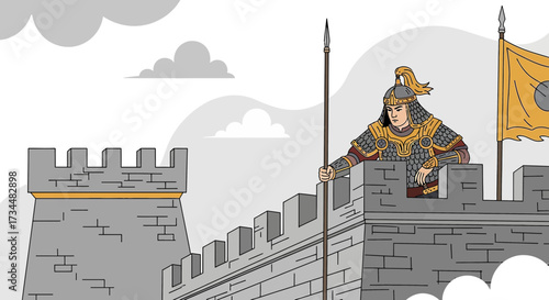 Illustration of a vigilant ancient chinese warrior guarding a fortress wall