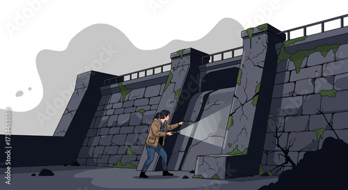 Illustration of a woman exploring an old dam with a flashlight in hand on a cloudy day