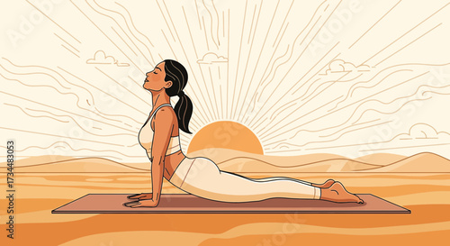 Illustration of a woman practicing yoga outdoors during sunrise for wellness concept