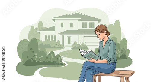 Illustration of a woman reading a book outdoors in front of a modern house surrounded by nature on