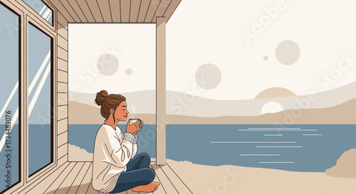 Illustration of a woman relaxing by the sea with a cup of coffee enjoying the serene view
