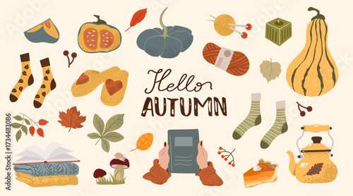 Cute seasonal illustrations of pumpkins, cozy socks, harvest treats and hands holding a book in warm tones. Happy Fall design elements set.