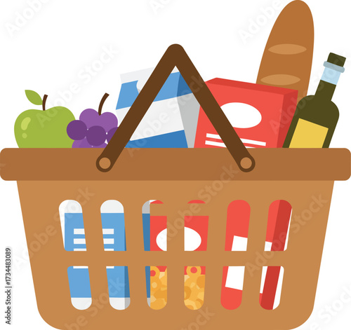 Full grocery shopping basket containing fresh fruit, milk carton, bread, and bottled goods