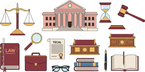 Collection of legal and justice icons including courthouse, scales, gavel, law book, certificate, magnifying glass, and professional symbols