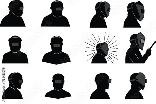 headgear, headset, helmet, mask, visor, goggles, earmuffs, headphones, protection, safety, shield, worker, industry, technology, virtual, reality, silhouette, equipment, gear, design