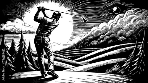 Dynamic Illustration of a Golfer's Powerful Swing in Motion