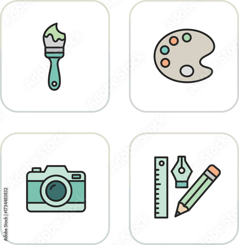 Creative arts and design tools icon set: paintbrush, color palette, camera, and drawing pencil with ruler