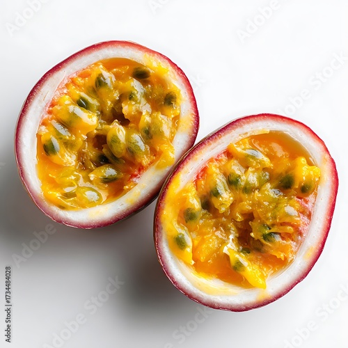 Two halves of a ripe passion fruit revealing its vibrant yellow pulp and seeds isolated on white background