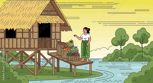 Illustrative depiction of a tropical stilt house and fruit vendor in a vibrant landscape