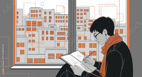 Illustrative drawing of a young man sketching by a window overlooking the city buildings