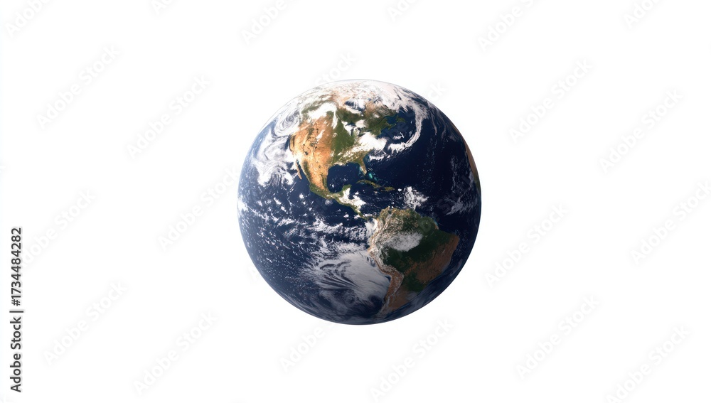 Fototapeta premium A detailed, high-resolution image showcases the Earth, a vibrant sphere of blue, green, and brown hues, centered against a plain white background.