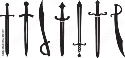 PrintCollection of silhouetted swords and blades on white background